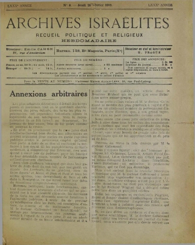 Archives israélites de France. Vol.80 N°08 (20 févr. 1919)